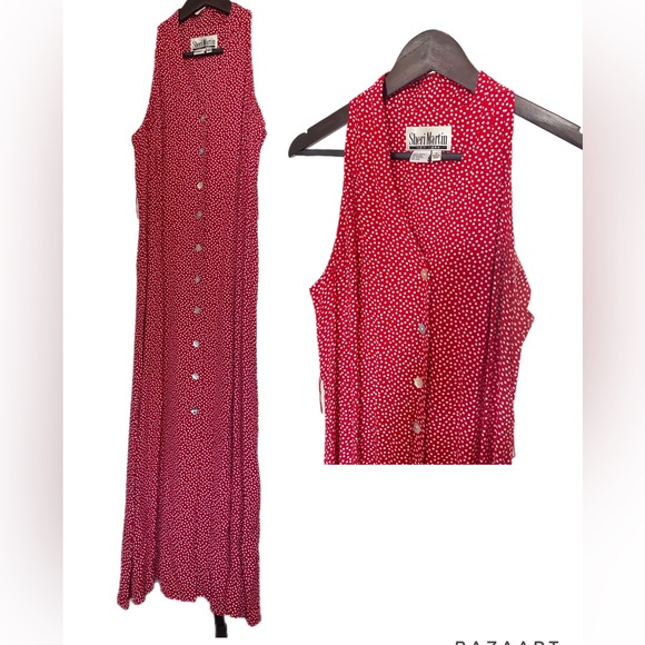 VINTAGE SHERI MARTIN RED POLKA DOT MAXI DRESS - Picture 1 of 9